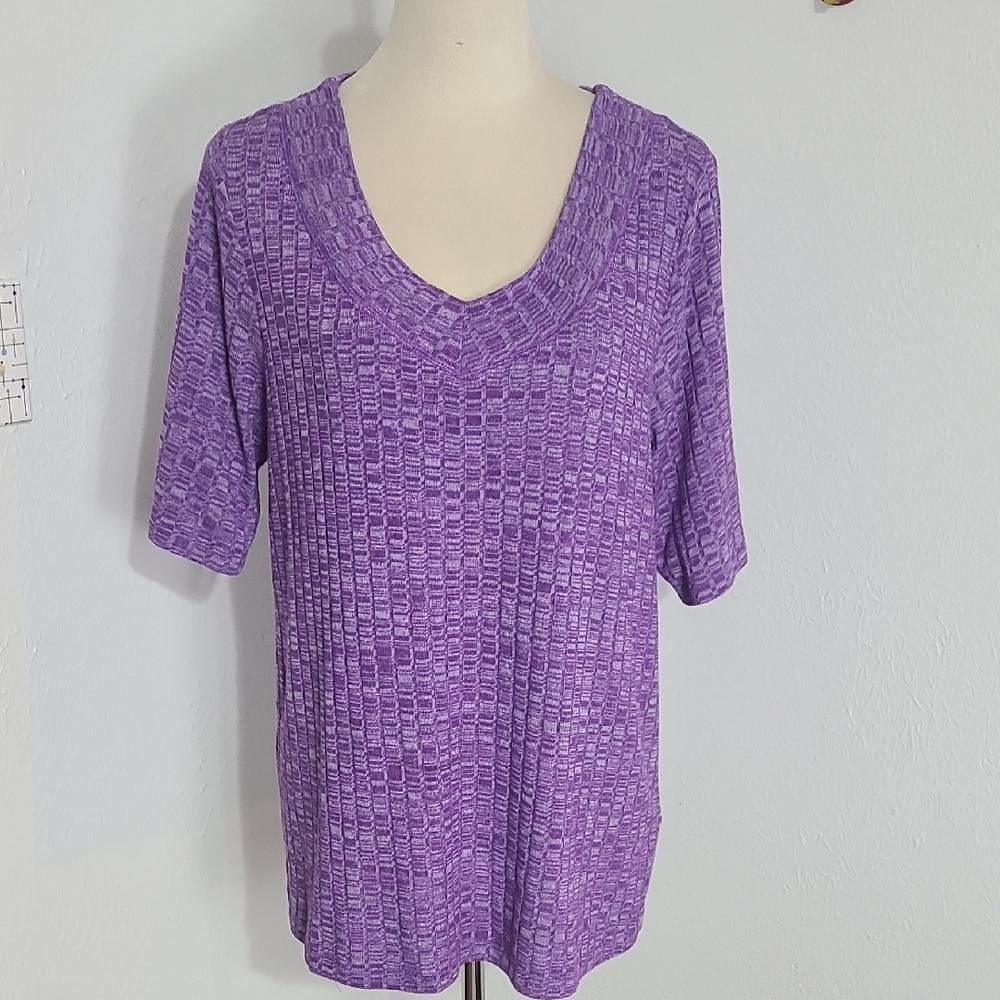 CJ Banks Textured Purple Short Sleeve Sweater with V-Neck, Size X = 14W